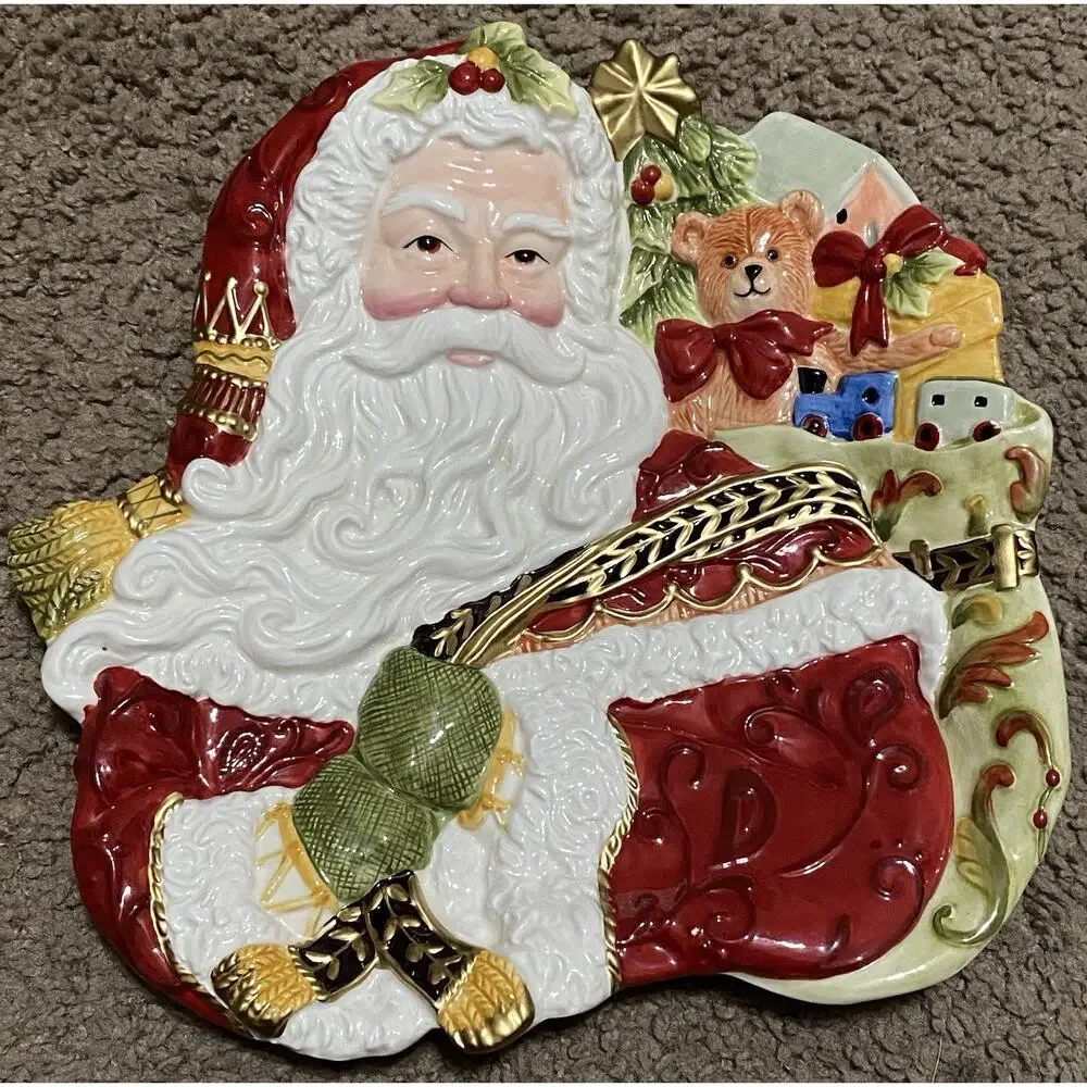 Fitz & Floyd Damask Holiday Ceramic Santa Toys Figural Christmas Canape Plate